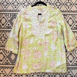 Charter Club Pale Lime Floral Embroidered V-Neck Tunic